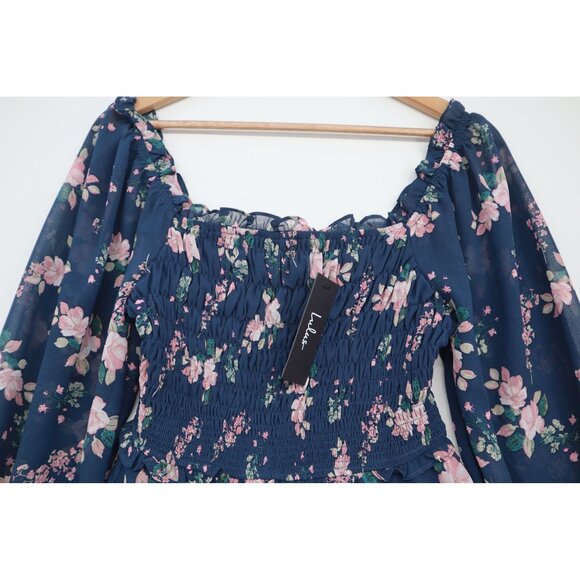 Lulus Floral Navy Blue Off-The-Shoulder Smocked Mini Dress Long Sleeves Womens S - Picture 7 of 15